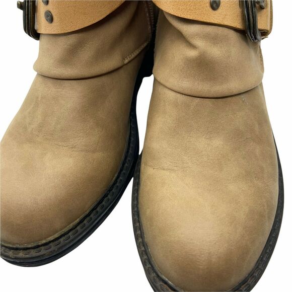 Blowfish Biker Steampunk Boots Buckle Tan Faux Leather Round Toe Mid Calf SZ 6.5 - Picture 6 of 16